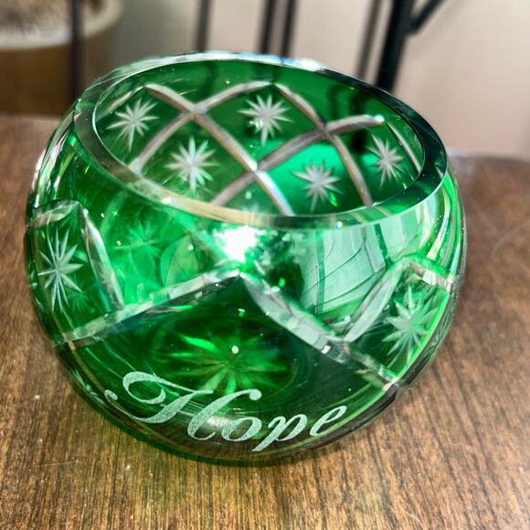 Vintage Art Glass Crystal Green Cut to Clear candle holder white barn candle co. - Picture 2 of 9